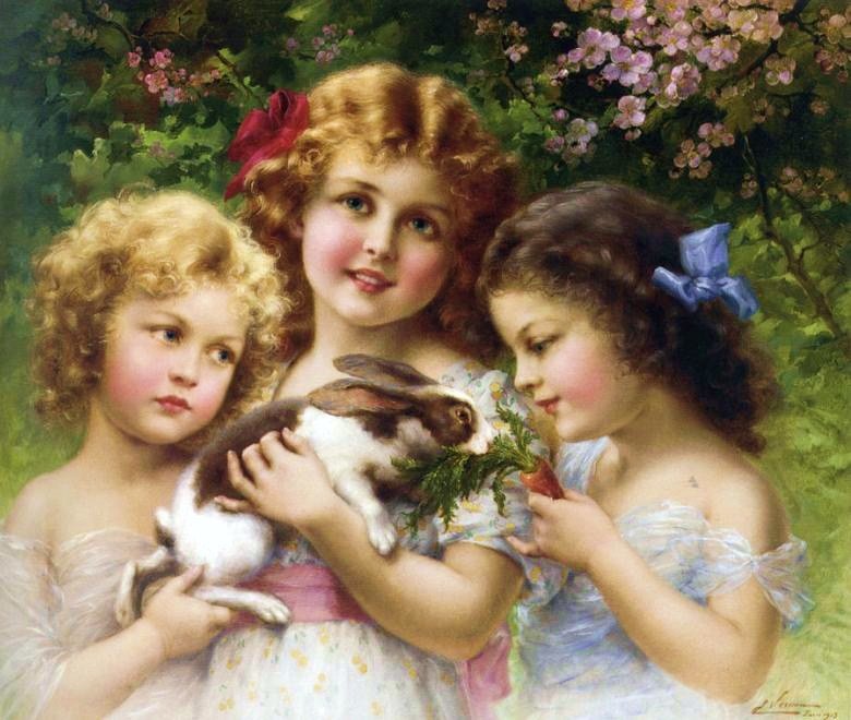 Девочки с кроликом - ретро дети, эмиль вернон, дети - оригинал
