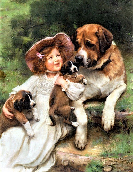 девочка и собаки - живопись, люди, картина, животные - оригинал