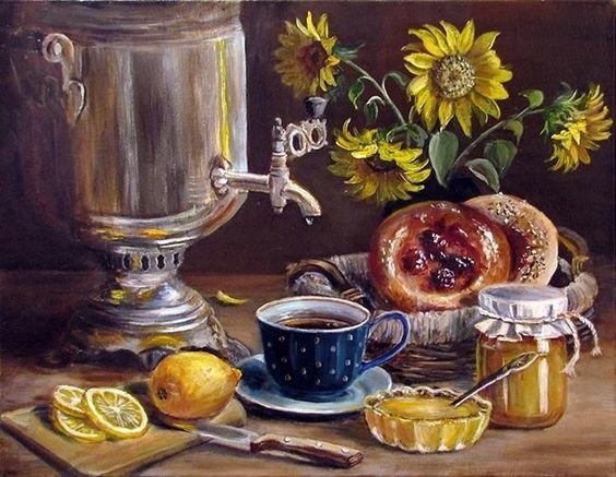 худ. Ольга Воробьева - чай, натюрморт, подсолнух, лимон, самовар, живопись - оригинал