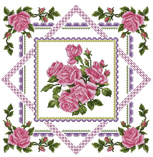 подушка с розами в геометрическом орнаменте - орнамент, розы, подушка - оригинал