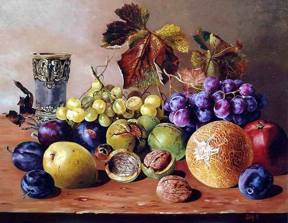 худ. Ferenc Tulok - слива, орехи, живопись, натюрморт, фрукты, дыня - оригинал