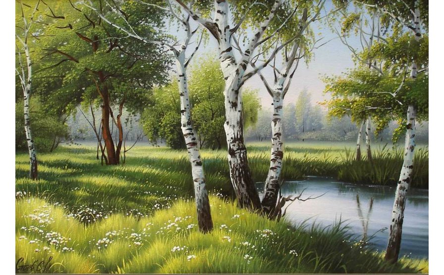 Пейзаж - березы, озеро, лес - оригинал