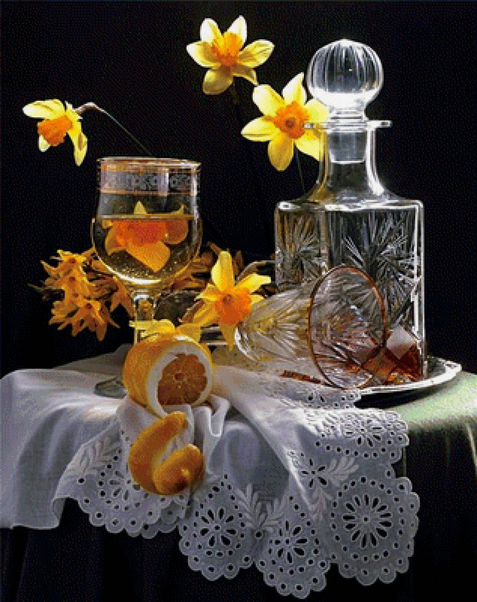 Натюрморт - графин, натюрморт, апельсин, нарцисс - предпросмотр