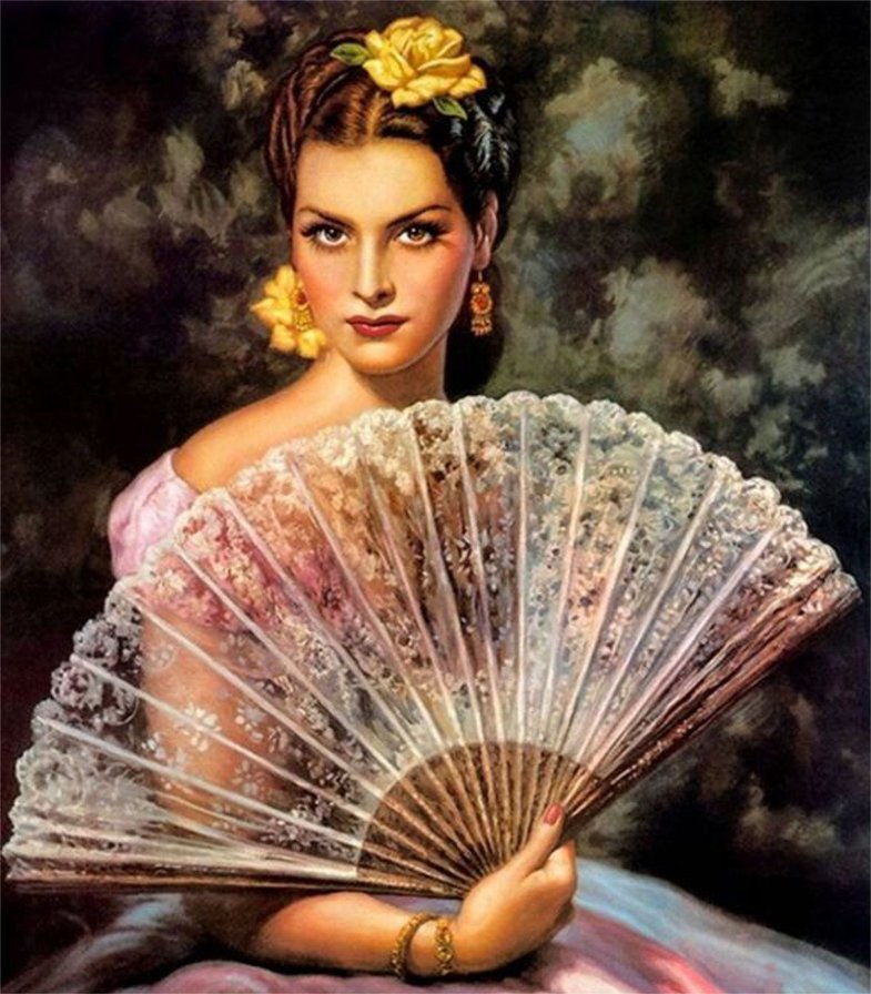 Lady with fan - beautiful, lady, fan - оригинал