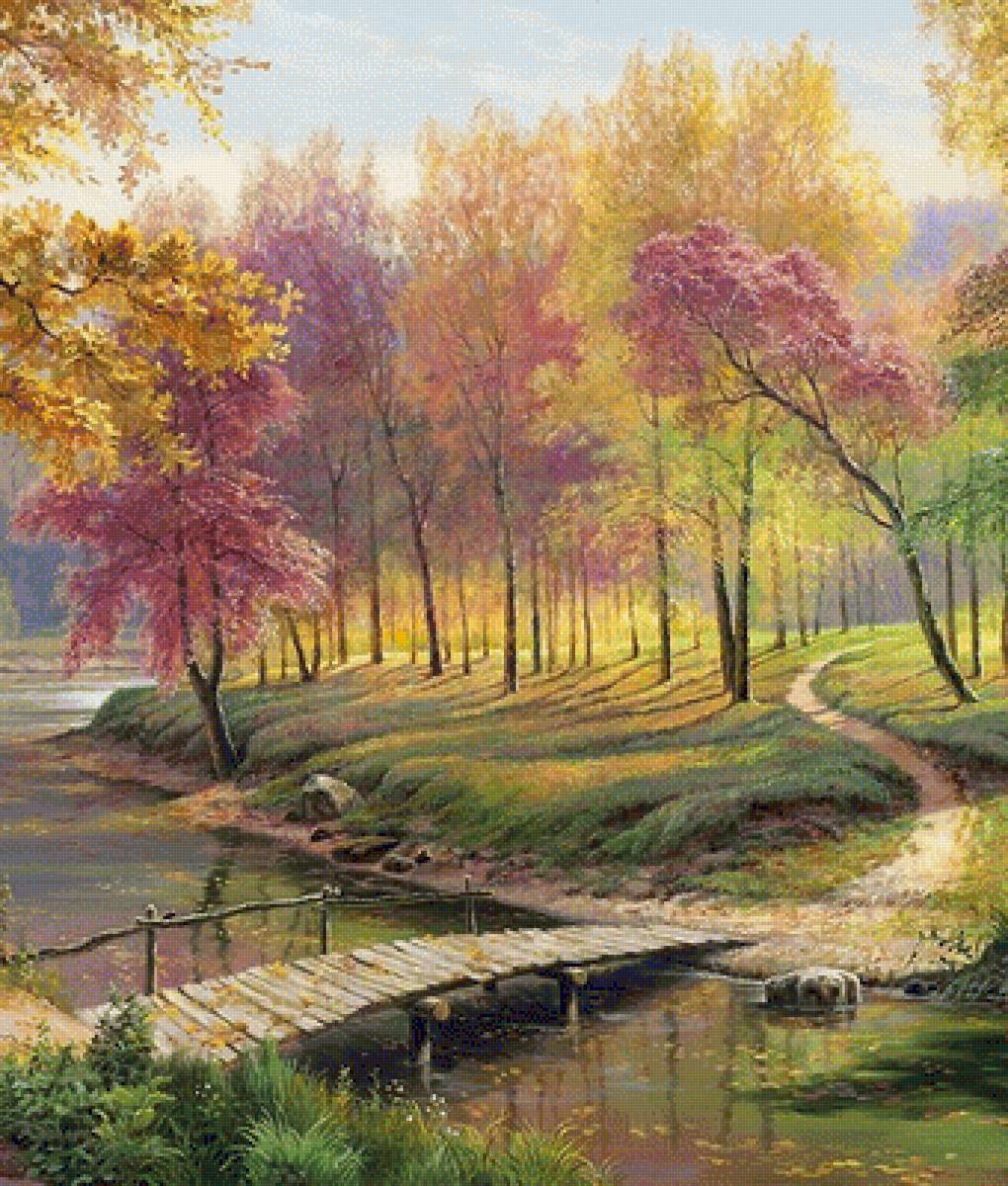 Волшебная осень - пруд, парк, мостик, лес, осень - предпросмотр