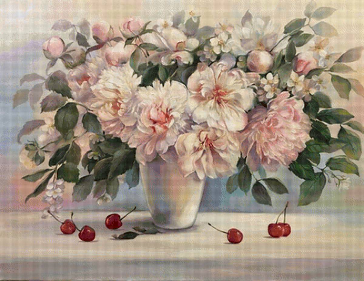 Натюрморт - вишня, цветы - предпросмотр