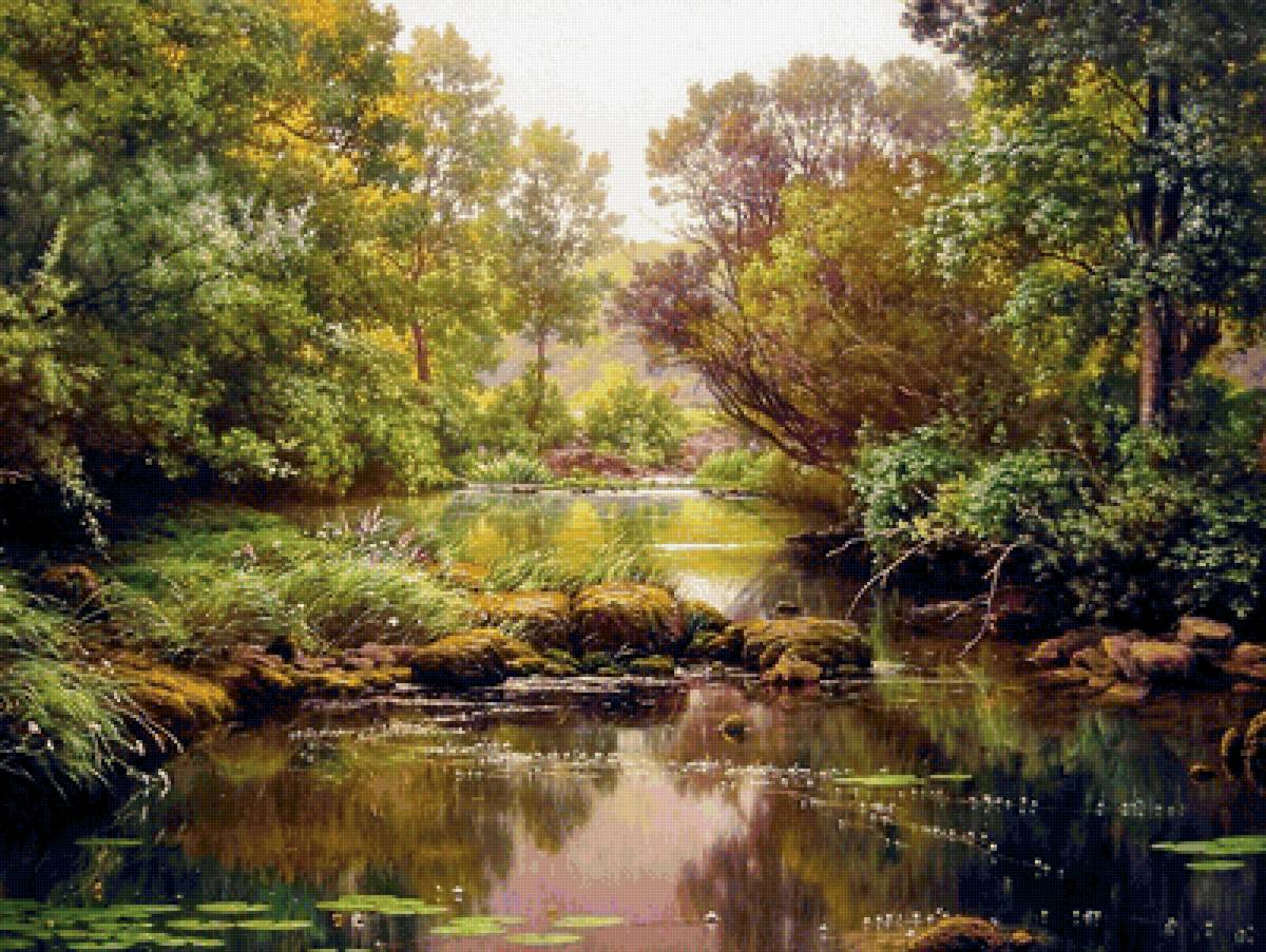 Пруд - лес, пейзаж, картина - предпросмотр