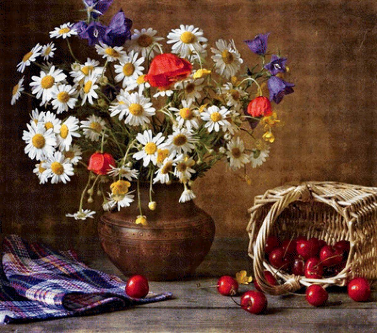 ромашки и вишня - цветы, живопись, фрукты, натюрморт, картина - предпросмотр