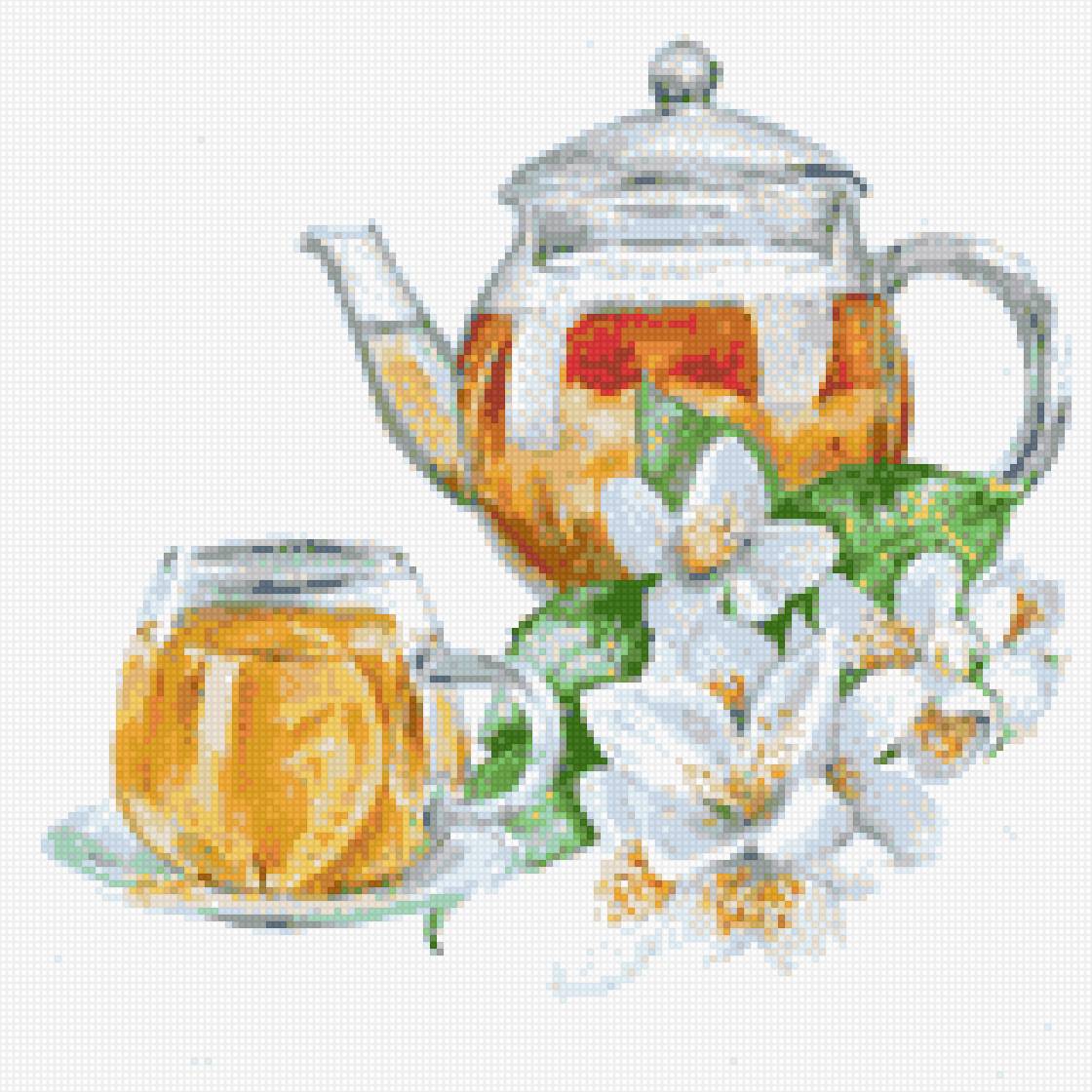 чайник с чашкой чая - чайник, чай, чашка, цветы - предпросмотр