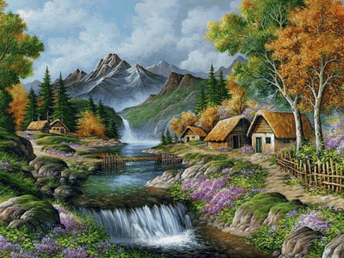 Деревушка в горах - дом, пейзаж, горы, вода - предпросмотр