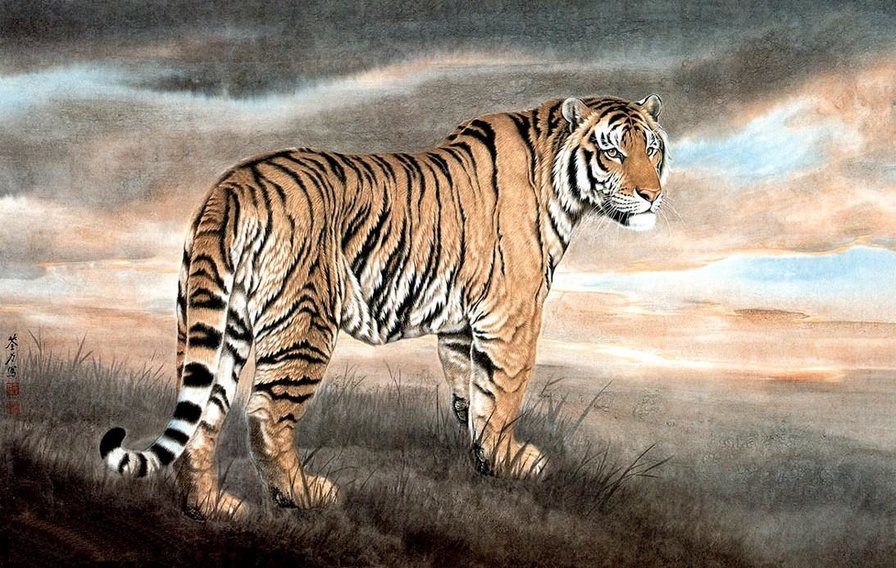 Тигр (гохуа) - тигр, дикие хищные кошки, животные, гохуа, природа, тигры - оригинал