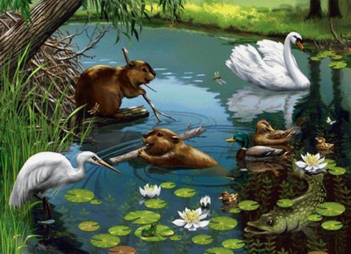 Картина озера с животными