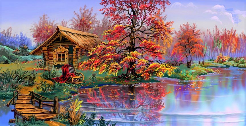Сказочная осень - картина, река, природа, лес, пейзаж - оригинал