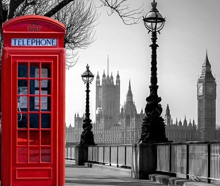 Лондон - города, телефонная будка, черно-белый - оригинал