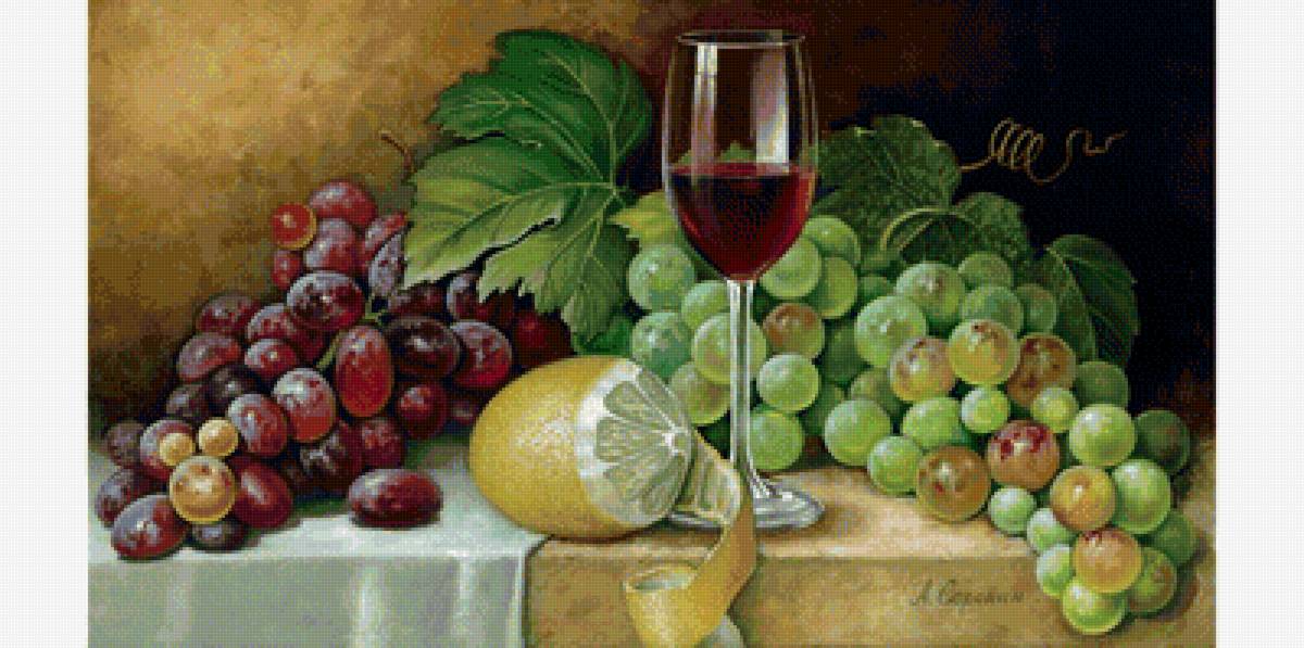 Натюрморт с вином и виноградом - вино, лимон, бокал, виноград - предпросмотр