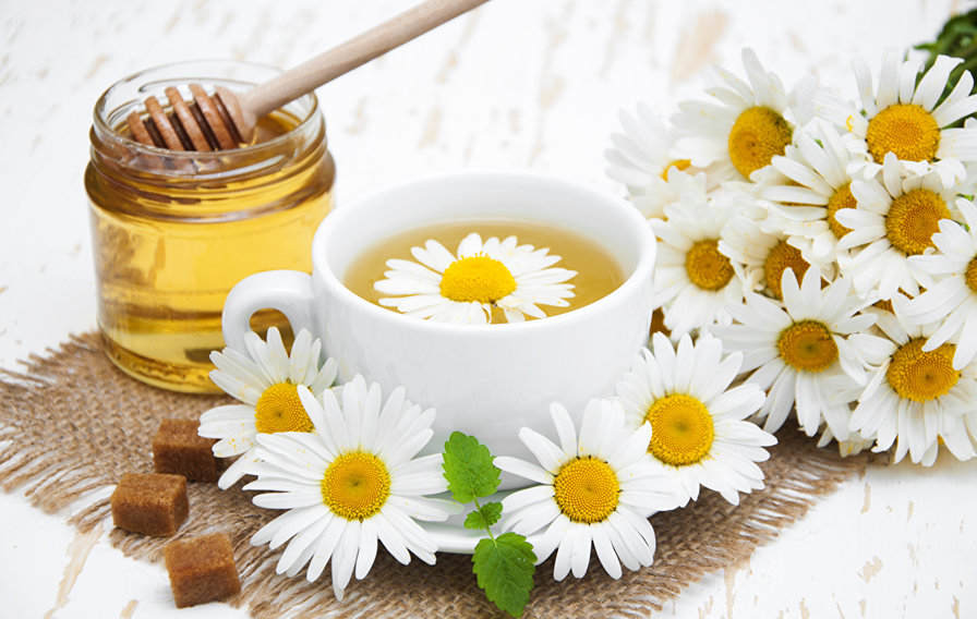 ромашковый чай - ромашки, цветы, чай, мед - оригинал