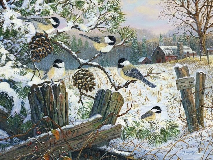 синицы - зима, пейзаж, природа - оригинал