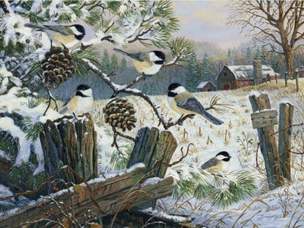 синицы - зима, пейзаж, природа - предпросмотр