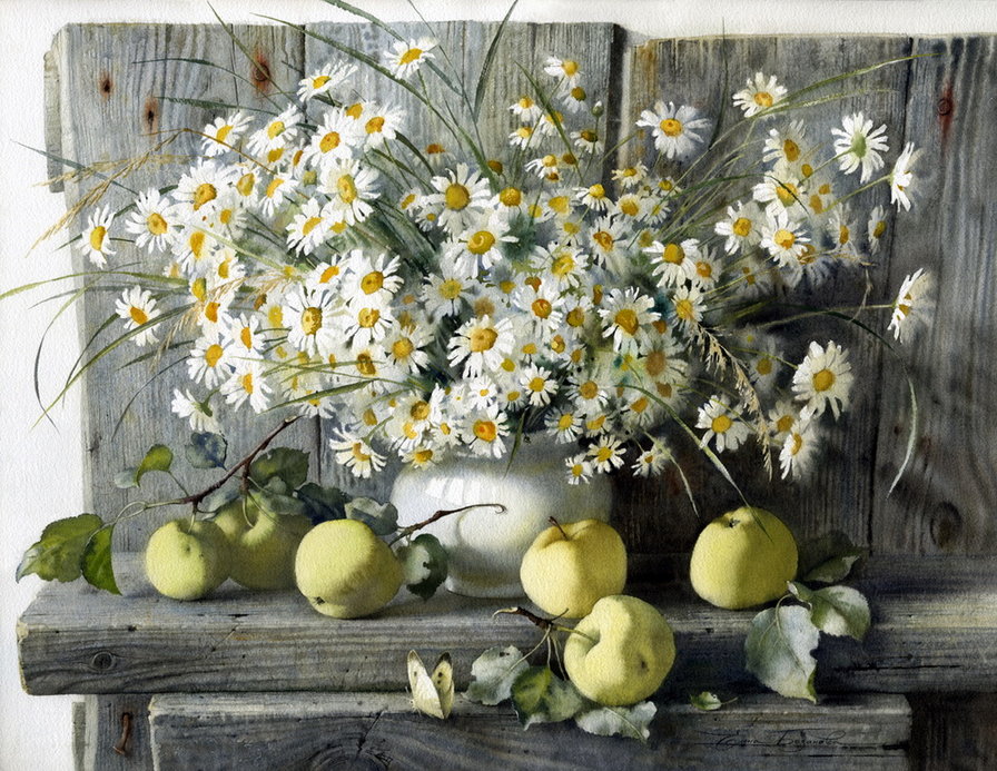 Ромашки - натюрморт, яблоки, картина, букет - оригинал