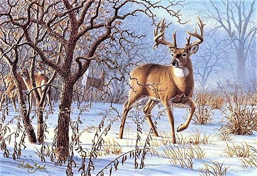 олень - животные, живопись, зима - оригинал