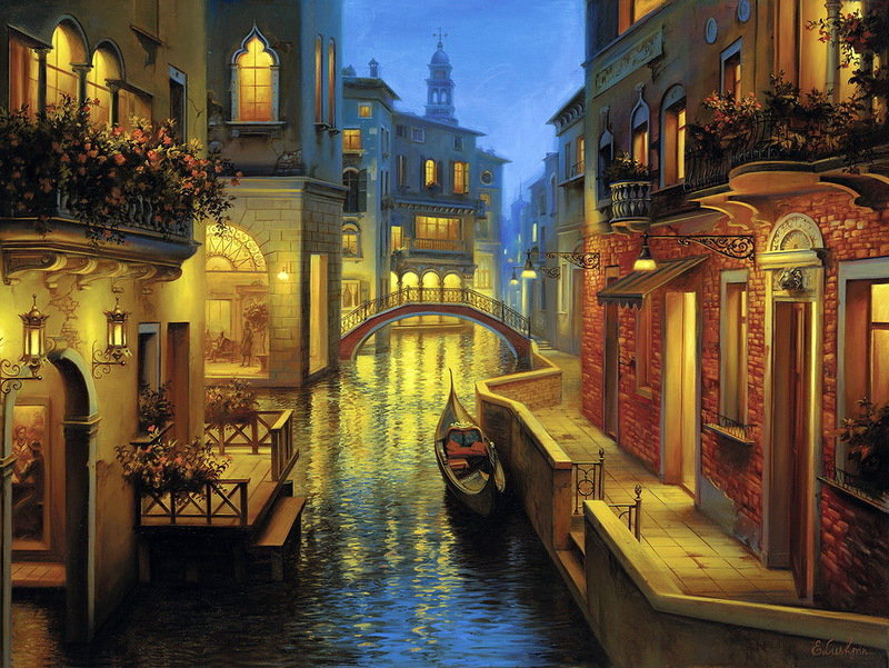 Венеция ночью - лодка, канал, венеция - оригинал