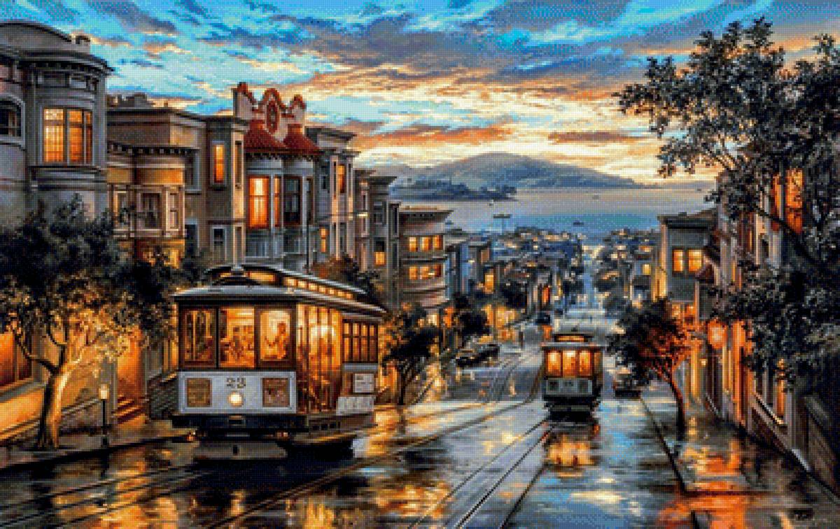 городской трамвай - трамвай, город, вечер - предпросмотр