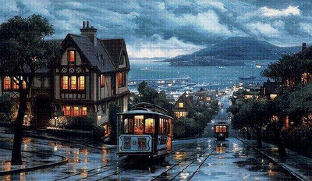 город мечты - вечер . город, трамвай - предпросмотр