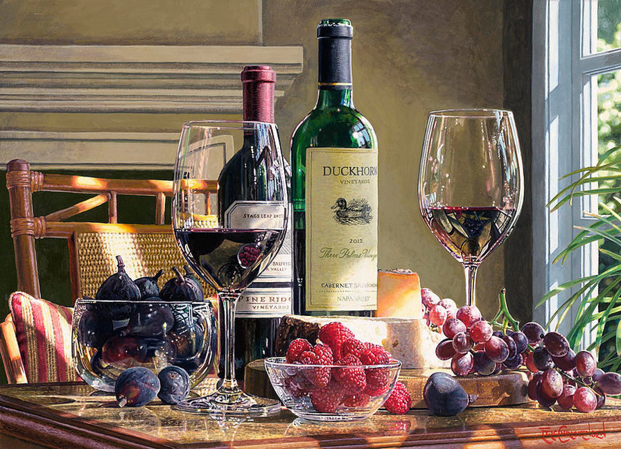 натюрморт с вином - бутылка, вино, фрукты - оригинал