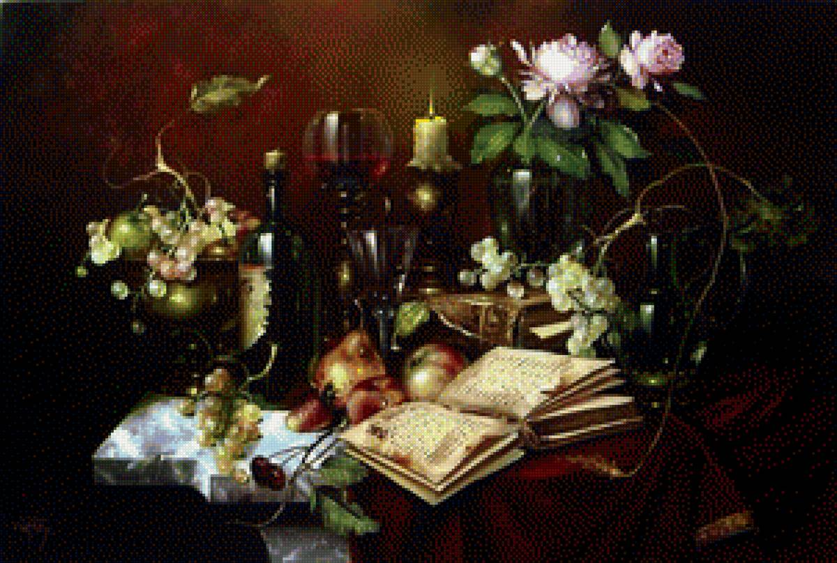 натюрморт с вином - картина, цветы, книга, вино - предпросмотр