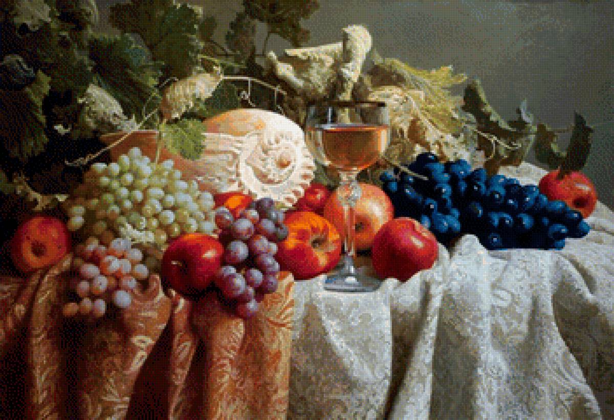 натюрморт с ракушкой - фрукты, виноград, ракушка - предпросмотр