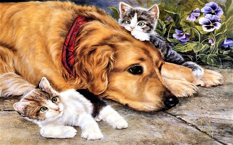 друзья - домашние любимцы, животные, картина, котята - оригинал