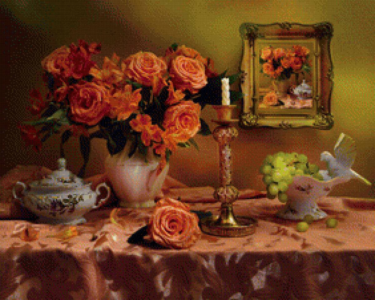 осенние розы - цветы, ваза, старина - предпросмотр