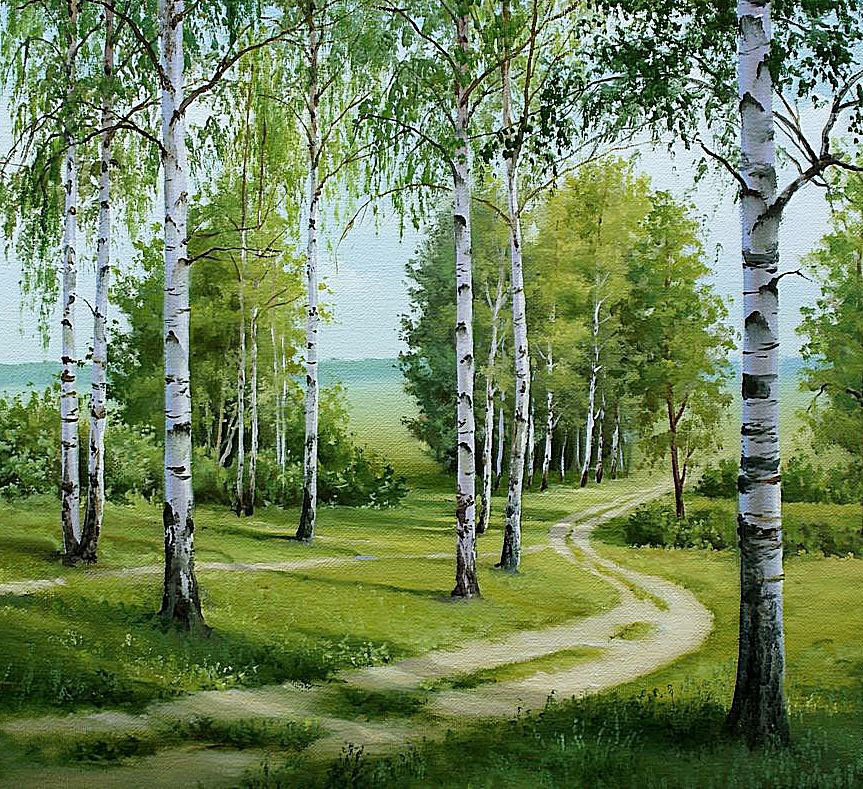 Пейзаж - березы, дорога, лес - оригинал