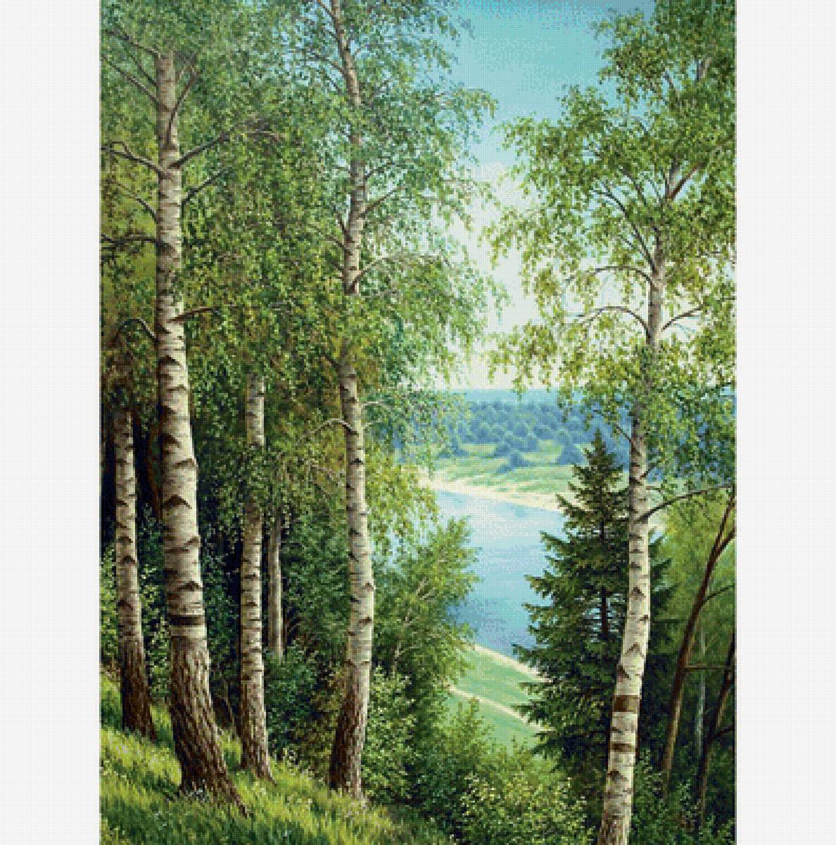 Пейзаж - река, березы. лес - предпросмотр