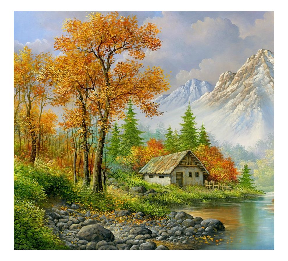 Горный пейзаж - домик, река, лес, горы - оригинал