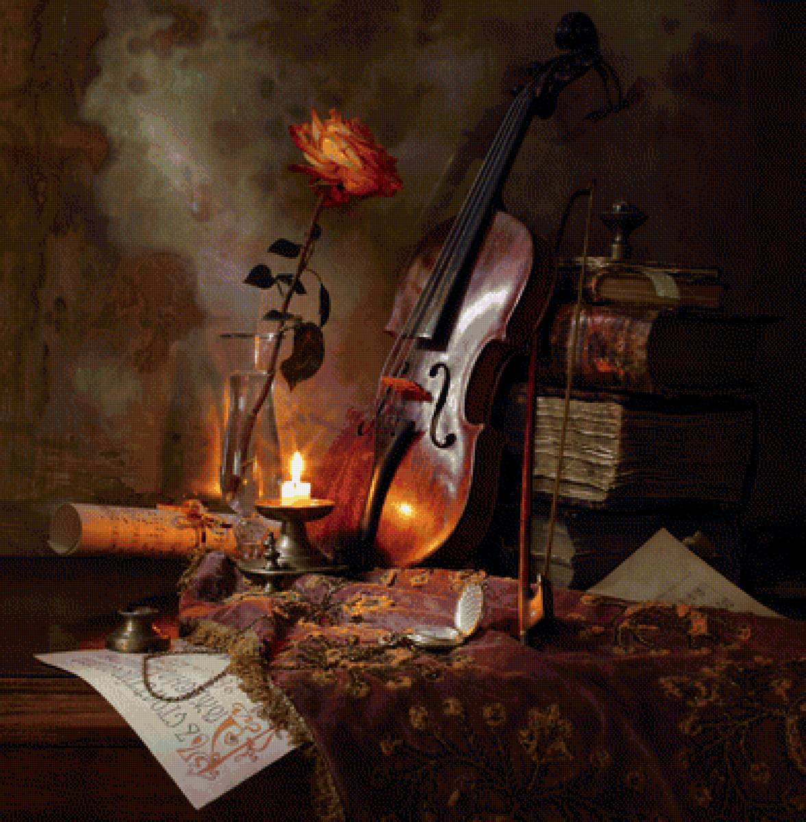 натюрморт со скрипкой - розы, натюрморт со скрипкой - предпросмотр