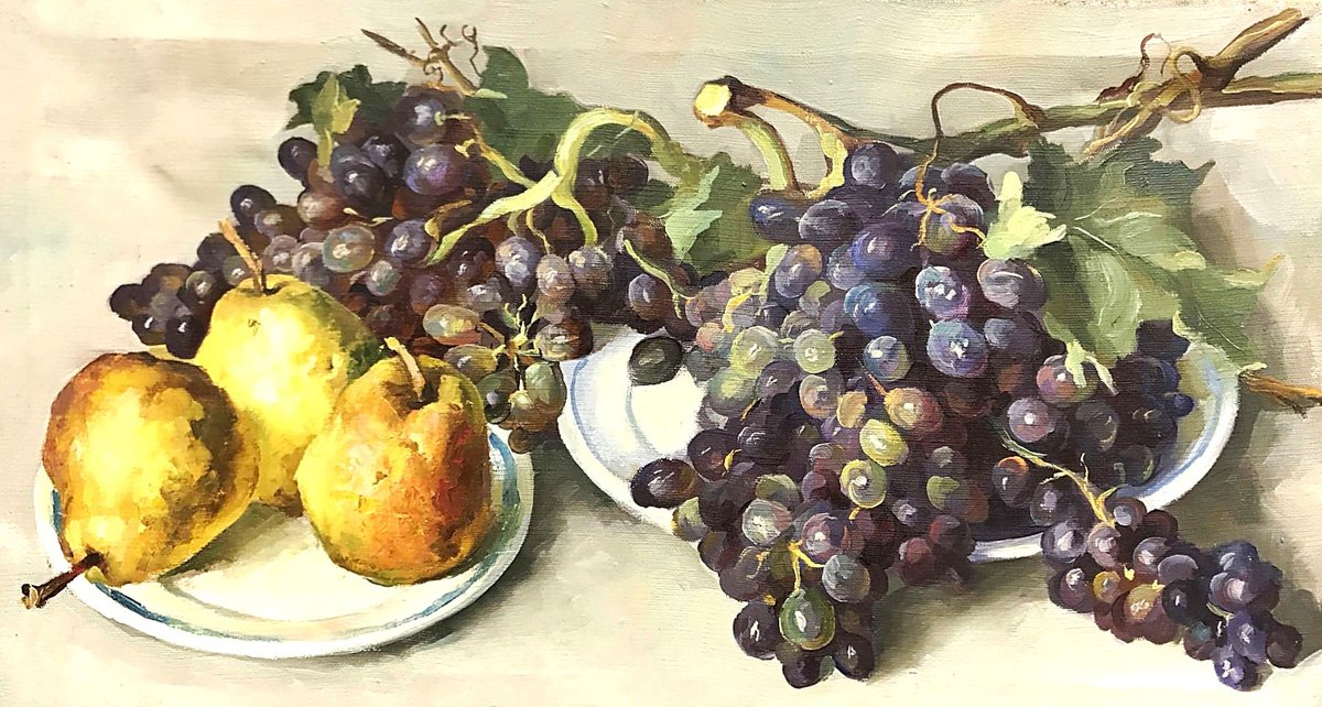 Натюрморт с виноградом и грушами. - виноград, груши, живопись., натюрморт - оригинал