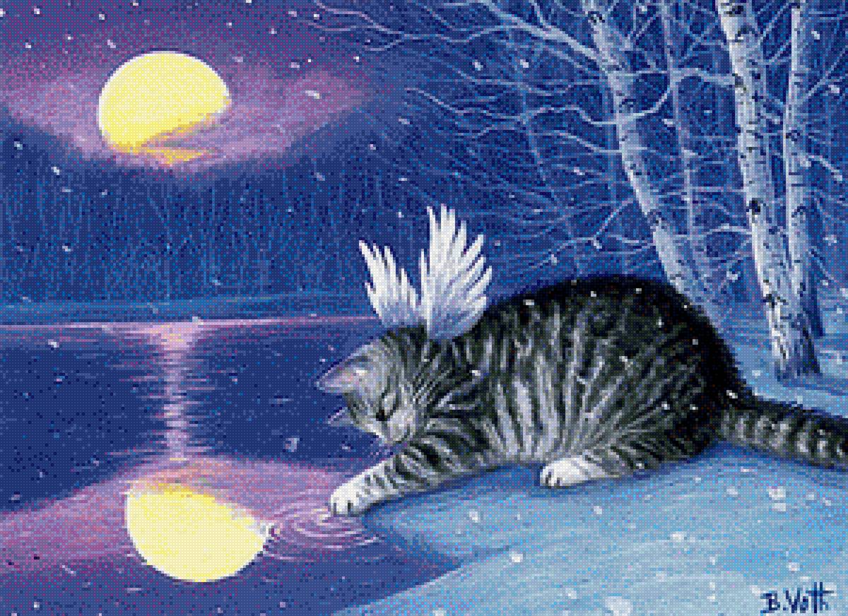 дотянуться до луны - крылья, луна, котенок, березы - предпросмотр