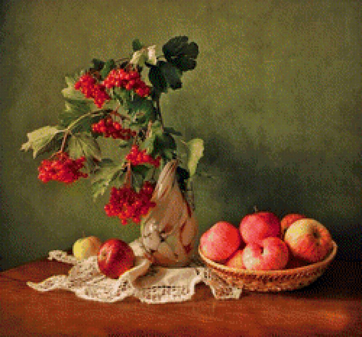 Рябина - натюрморт, рябина, ваза, яблоки - предпросмотр