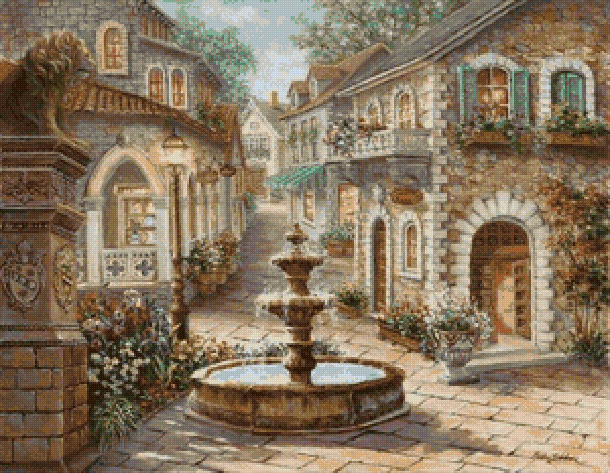 фонтан и дворик - двор, камни - предпросмотр