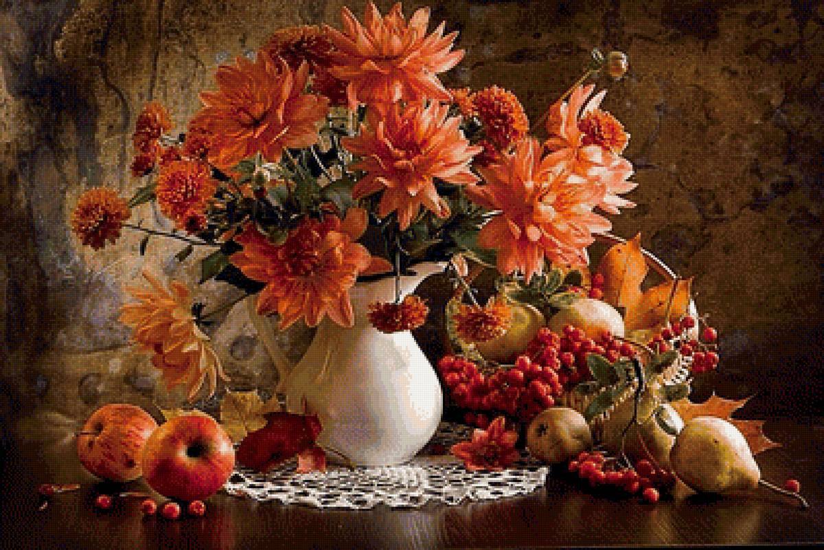 Осенний натюрморт - осенний натюрморт, георгины, натюрморт, букет, яблоки, цветы - предпросмотр