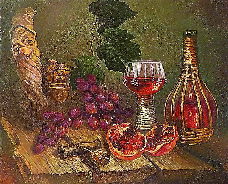 Натюрморт с Бахусом. - вино, бокал, живопись., виноград, бахус, натюрморт - оригинал