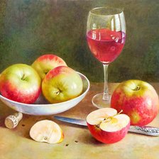 Натюрморт с вином и яблоками.