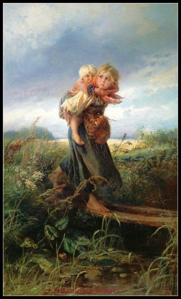 дети, бегущие от грозы - гроза, трава, лето, дети - оригинал