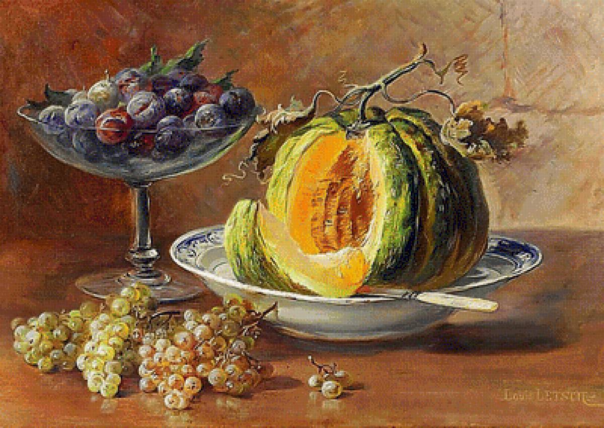 Натюрморт с тыквой. - тыква, слива, натюрморт, виноград, живопись. - предпросмотр