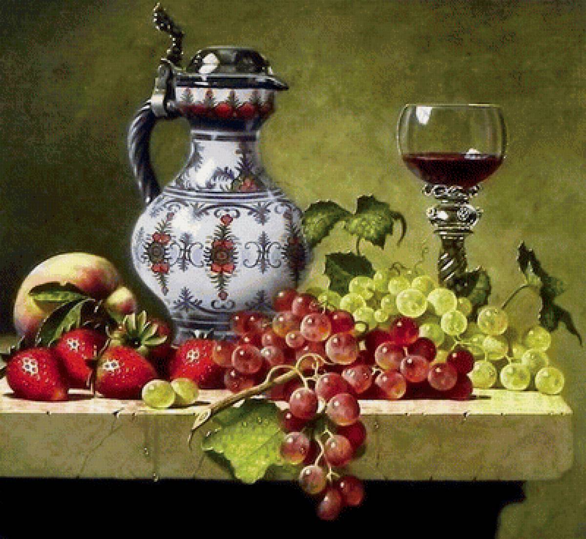 Натюрморт - персик, бокал, виноград, графин, клубника - предпросмотр