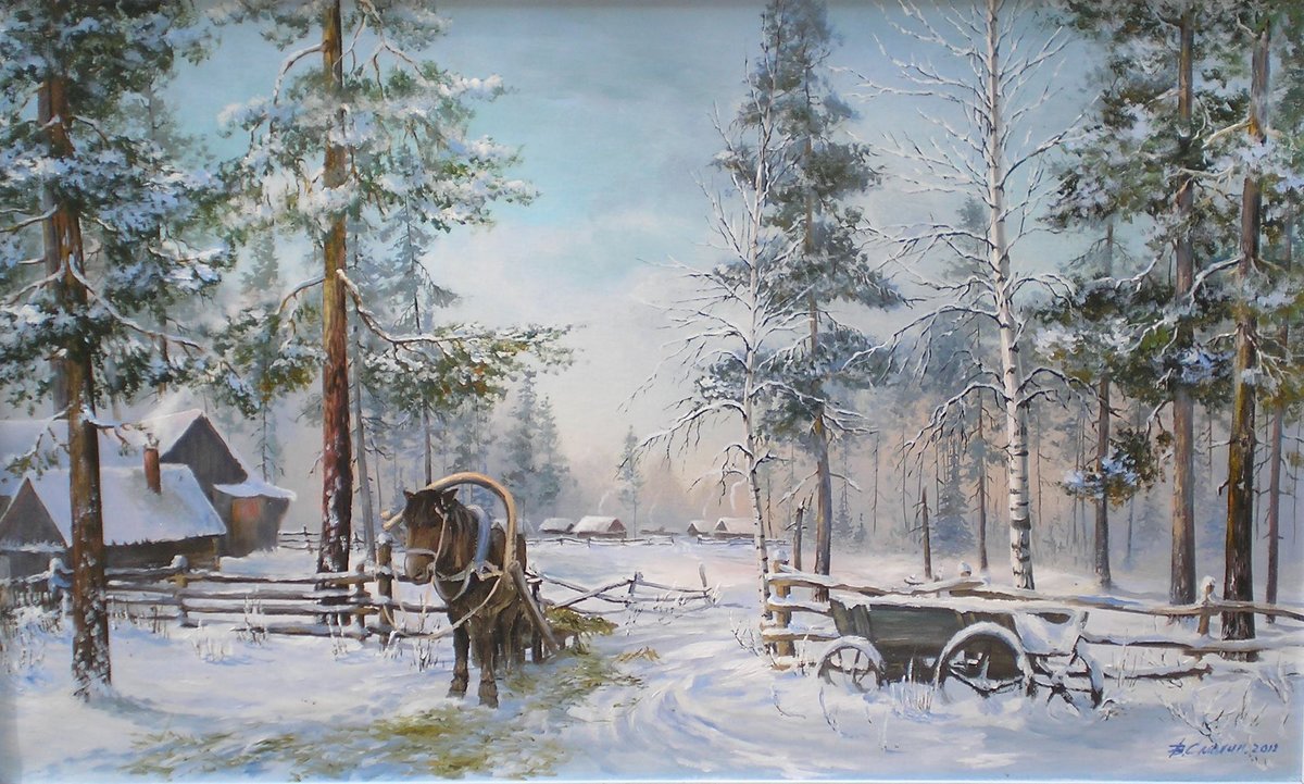 зима в деревне - зима, картина, пейзаж, природа - оригинал
