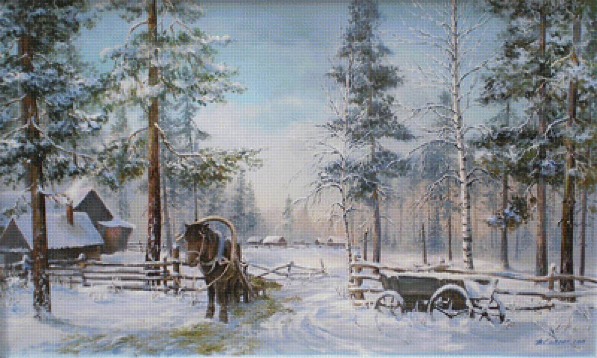 зима в деревне - пейзаж, зима, природа, картина - предпросмотр