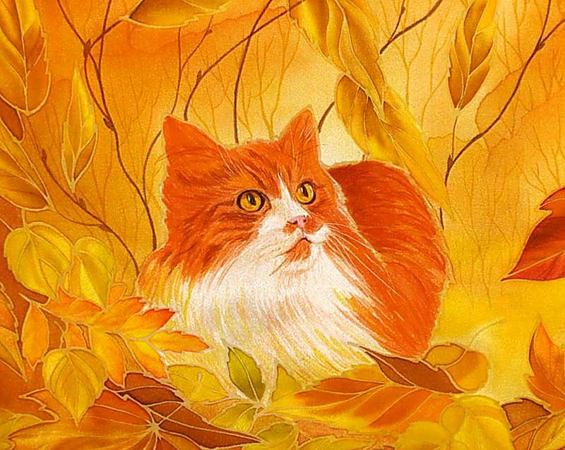 Осенний кот. - живопись., картина, кот, осень - оригинал