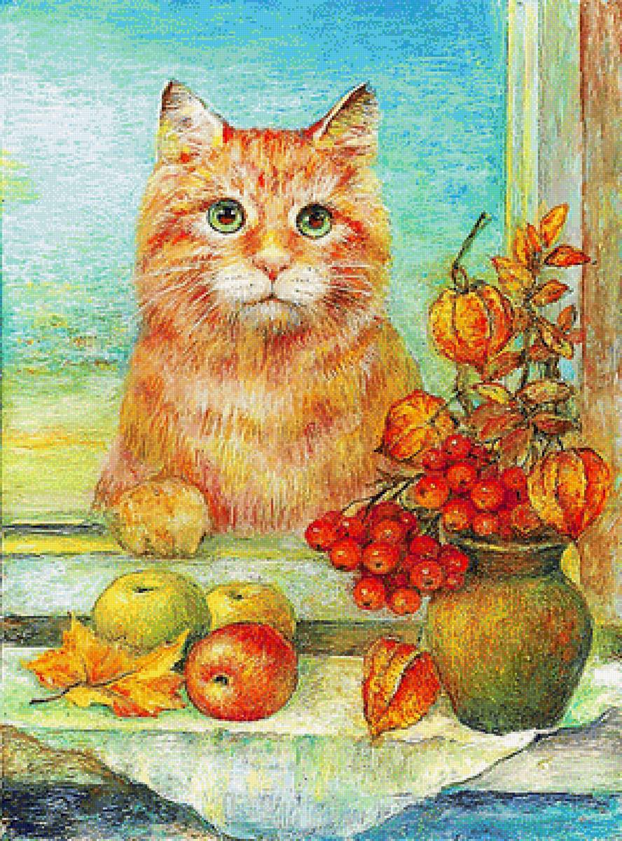 Натюрморт с котом. - кот, букет. натюрморт. живопись. - предпросмотр